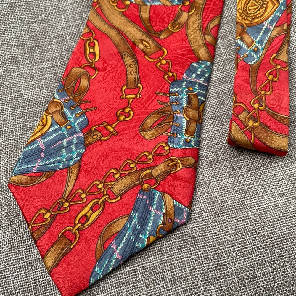 Equestrian Snaffle Bit Saddlebag Rein Red Tie 57 x 4” 100% Silk Italy